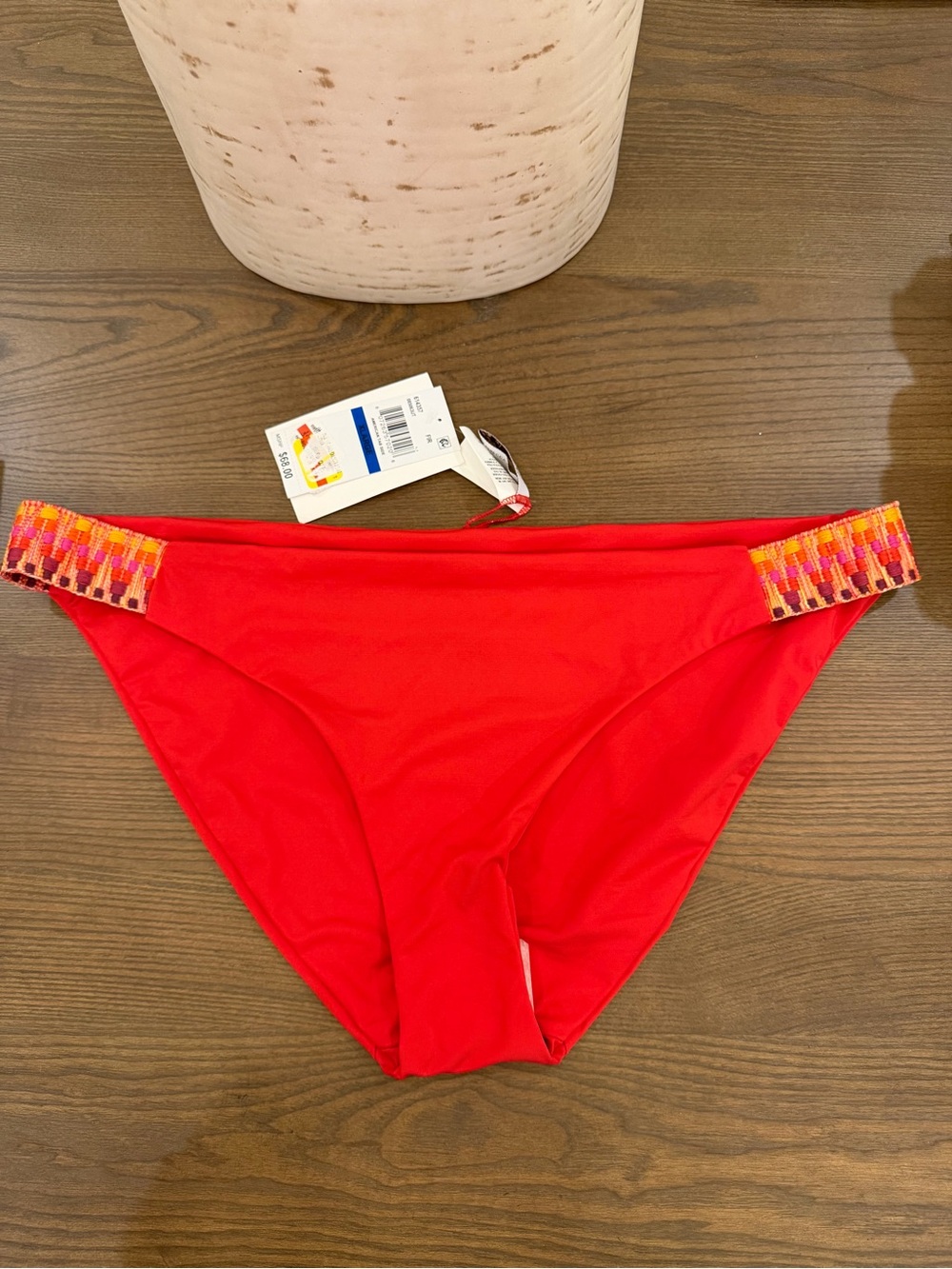 BECCA Bright Red Bikini Bottom with Multicolor Side Bands